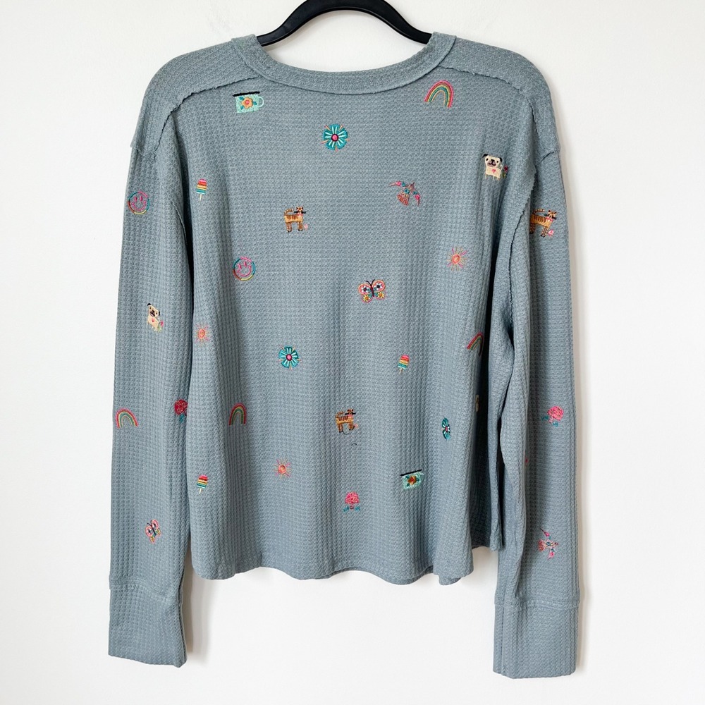 NEW Natural Life Parker Embroidered Thermal Tee Fave Things Womens XL Blue - Picture 5 of 11